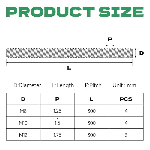Jyvex 4 Stück Gewindestange M10 Edelstahl, Gewindestangen M10x300mm, DIN 976 Gewindestifte Verzinkter Stahl, Gewindestab Festigkeitsklasse 4.8, Gewindestäbe mit Regelgewinde Metrisch Gewindestift
