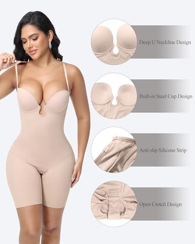 Strapless Shapewear for Women Backless Bodysuit Tummy Control Built-in Bra Low Back Deep U Plunge Body Shaper4