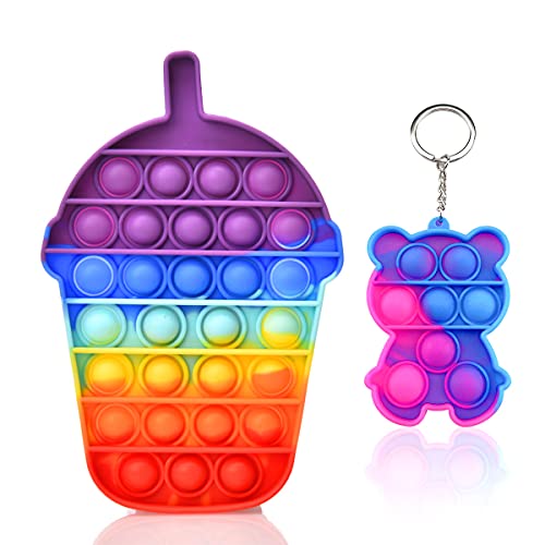 Push Pop Bubble Fidget Sensory Toy Boys Girls Kids Xmas Gift Stress Anxiety Relief Animal Keychain Toys for Autism ADHD Toddlers Adult Silicone Squeeze Office Desk Hand Cheap Pack Milk Tea Rainbow