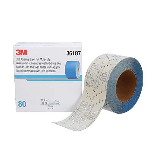 3M Hookit Blue Abrasive Sheet Roll, 36187, Multi-Hole, 2.75 in x 13 yd, 80+ Grade, Automotive Sanding Roll Sandpaper for Coating Removal, Body Repair, Auto Sanding