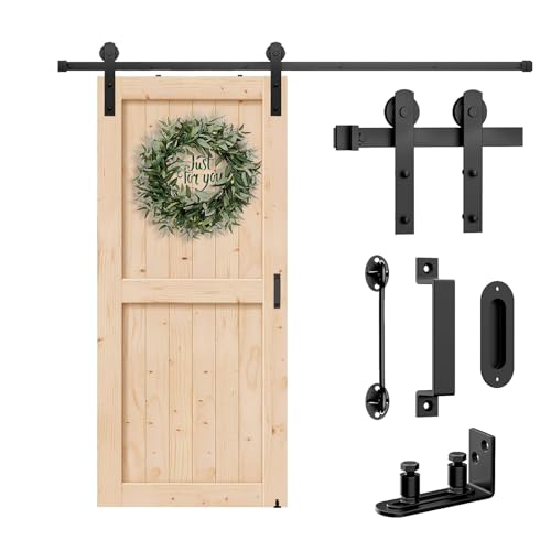 Arti-Life 5ft Sliding Barn Door Hardware Kit Heavy Duty with Adjustable Floor Guide Door Hook and 2 Handles-Smoothly and Quietly Easy Installation- Fit 1 3/8-1 3/4 Thickness-Black(I Shape Hanger)