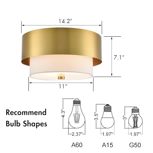 Image of YUBOLE Mid-Century 2-Light Gold Ceiling Light Flush Mount with Linen Shade