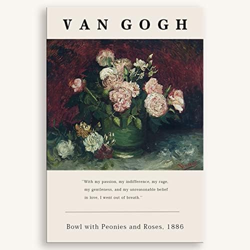 Gufro Van Gogh Canvas Wall Art Posters - Bowl with Peonies and Roses By Van Gogh, Famous Impressionism Prints Artwork,Van Gogh Poster Print ,Museum Poster for Living Room, Bed Room, Office Home Decoration- 16x24in Unframed