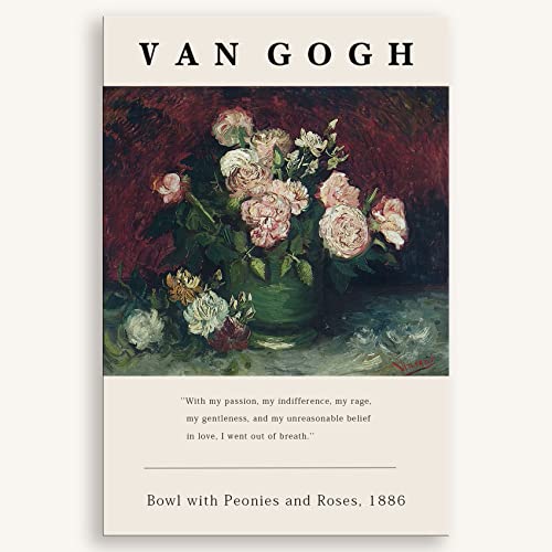Gufro Van Gogh Canvas Wall Art Posters - Bowl With Peonies And Roses By Van Gogh, Famous Impressionism Prints Artwork,Van Gogh Poster Print ,Museum Poster For Living Room, Bed Room, Office Home Decoration- 16X24In Unframed #TOP19