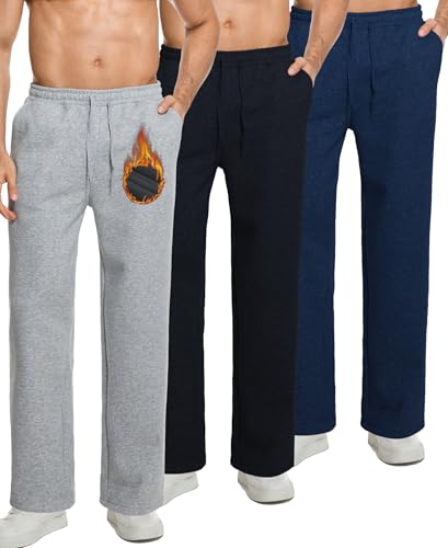 Veldtholos 3 Pack Mens Fleece Lined Sweatpants with Pocket Cotton Sweatpants Winter Warm Athletic Joggers Open Bottom for Men