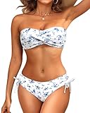 Women's White and Blue Flower Strapless Bandeau Bikini Set - Twist Front Two Piece Swimsuit Top with Side Tie Bathing Suit Bottom M