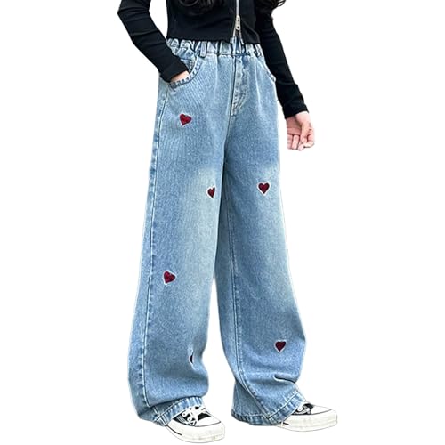 Moonker Baggy Jeans for Girls Love Heart Embroidery Wide Leg Straight Denim Pants Teen Elastic Hight Waist Y2k