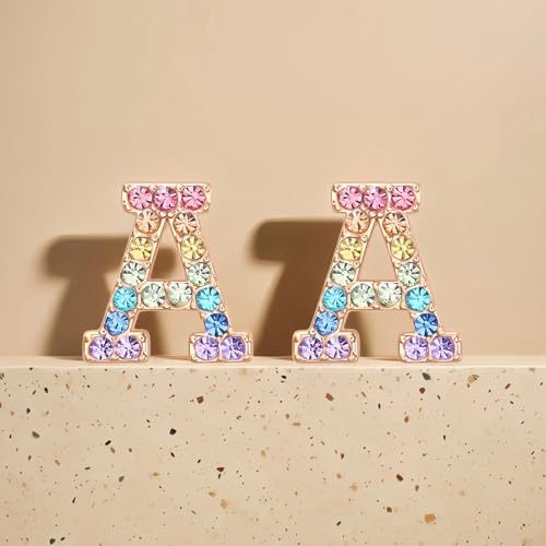 Gold Initial Earrings Stud, Colorful Rhinestone Letter Earrings Stud Cute Monogram Jewelry Alphabets from A-Z Gift Idea of the Earrings4