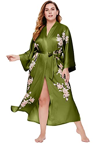 BABEYOND Plus Size Long Kimono Robe Floral Satin Robes Silky Kimono Cover Up Loose Cardigan Top Bachelorette Party Robe