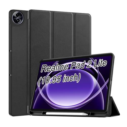 Image of CEDO Smart Case for Realme Pad 2 Lite (10.95 in) Tri-Fold Flip Folio Cover | Pencil Holder | Auto Wake-Up /Sleep Mode | Multi View Angles Stand TPU Backcover (Black)