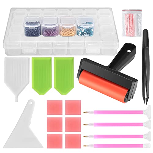 42 Piezas Accesorios Herramienta de Pintura de Diamantes, Caja de Almacenamiento 5D DIY Diamond Painting Accesorios con Bolígrafos, Pegamento, Placa, Pinzas, Bolsas, Etiquetas Cover