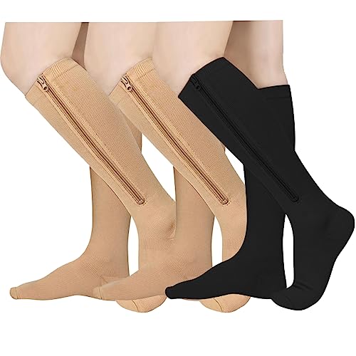 Image of Athbavib 3 Pairs Zipper Compression Socks, 15-20 mmHg Closed Toe Compression Stocking with Zipper for Women and Men