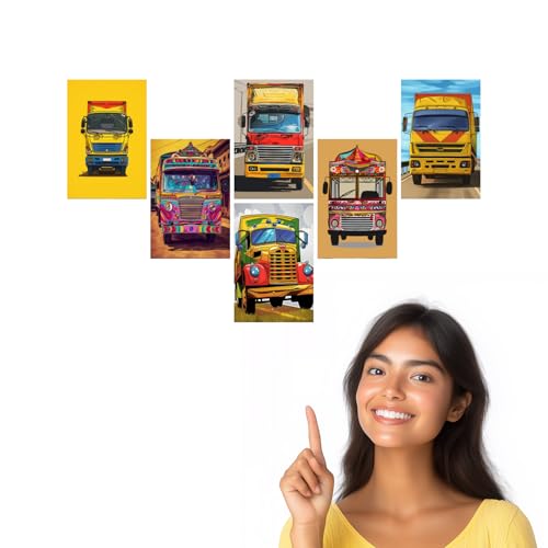 Image of SiddArtify Vibrant Truck Art Print Set - Colorful Truck Illustrations - Set of 2-4x6 Inch - Board (Pack of 6) - Sticker (Pack of 6) Wall Room Decoration art Poster Prints