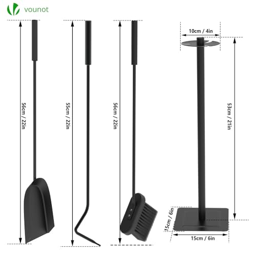 VOUNOT Kaminbesteck, 4-teilige Kamingarnitur Set mit Schaufel, Besen, Schürhaken & Halter, Schmiedeeisen Kaminwerkzeug Kaminzubehör Ofenbesteck, Schwarz