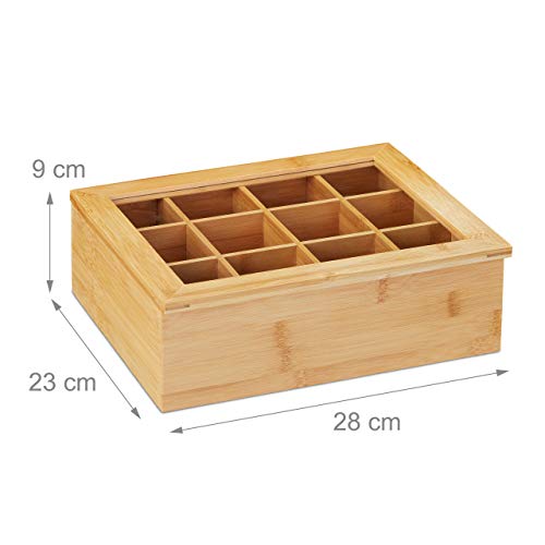 Relaxdays Teebox, Bambus, 12 Fächer, Teekiste mit Sichtfenster, Organizer für Teebeutel, HxBxT: ca. 9x28x23 cm, natur, 10032112 4