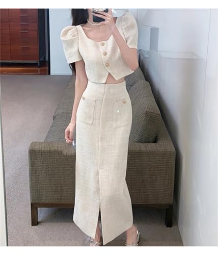 Women's Chic Summer Two Piece Set Square Collar Puff Sleeve Crop Top And High Waist Bodycon Skirts Suit4