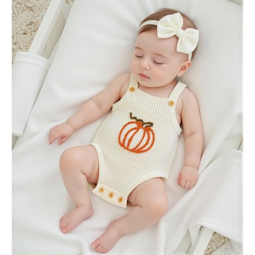 Baby Girl Boy Knit Sweater Romper Cute Sleeveless Pumpkin Embroidery Overalls Jumpsuit Newborn Halloween Outfits2