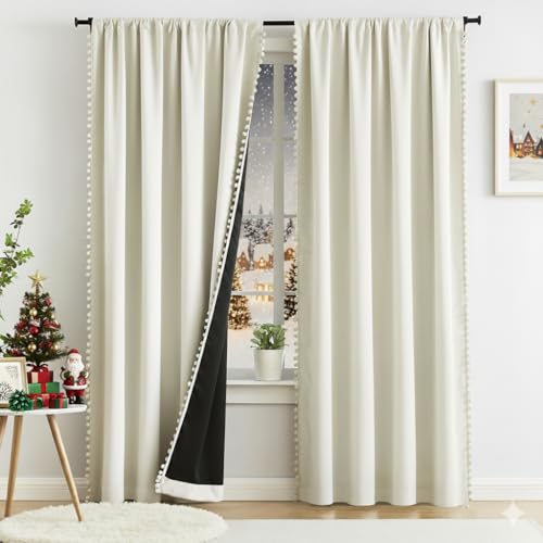 Image of Treatmentex Natural Blackout Curtains for Bedroom Living Room 90inch Long Iovry /Beige Pom Pom Curtain Panels for Windows Thermal Insulated Curtains for Kids Nursery Room Rod Pocket 52 inch W x 2pcs