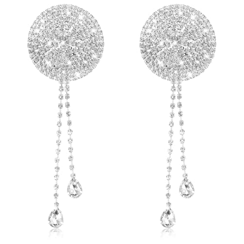 Larrel 2PCS Rhinestone Tassel Nipple Rhinestone Nipple Cover Sticker Water Drop Tassel Nipple-Pasties Crystal Chest Nipple-Stickers for Women Pasties Bra Silver Breast Pads