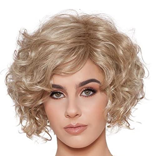 Swiking Short Blonde Curly Wigs for White Women with Side Bangs Fluffy Natural Synthetic Fiber Hair Wig for Daily Party Costume Use