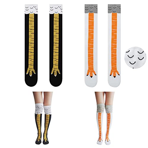 DAWRIS 2 calcetines de pollo para mujer, calcetines para pies de pollo, loco funny , medias medias de calf regalo sobre la rodilla, pies de gallina, dibujos animados, negro y blanco, L-XL Cover