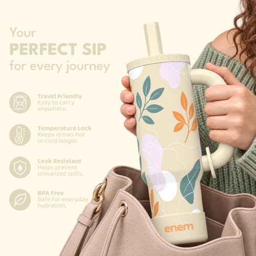 Image of enem Desert Leaf Plugged Straw Tumbler with Handle, Stainless Steel Large Travel Mug Water Cup, Mug Travel with 1 Metal Ice Cube, 1 Copper Spring (Tamba) & Base Protector, 1.2L