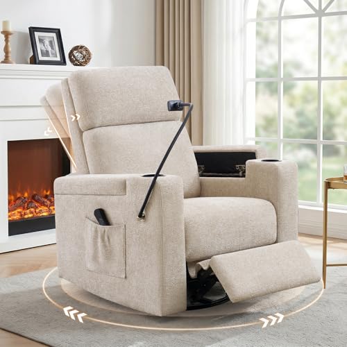 Image of ABCASA Power Recliner Rocking Chair Nursery Glider, Swivel Reclining Nursery Rockers for Baby Room & Living Room, Chenille Chair with Phone Holder, USB/Type-C Ports, Arm Storage, Light Brown