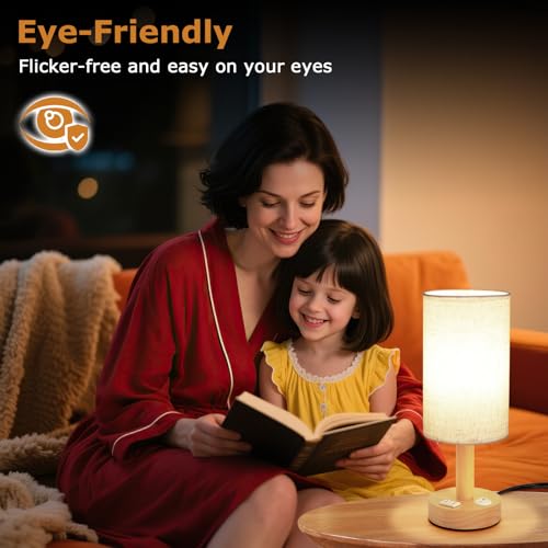 Image of Small Bedside Table Lamp with AC Outlet, Natural Wood Base & Linen Shade, Mini Cute Cozy Warm White Nightstand Boho Lamp, Study Desk Night Stand Light for Bedroom, Kitchen, Nursery, Living Room