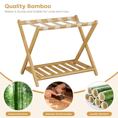 Fully Assembled Luggage Racks Pack of 2, Bamboo 26.77" Folding Luggage Rack Stand for Guest Room, 5 Nylon Straps, Suitcase Stand with Storage Shelf for Bedroom Hotel, Heavy Duty, Natural