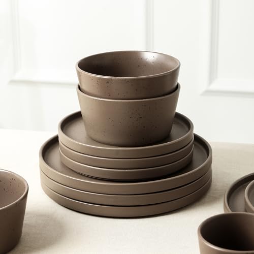 Image of Stone Lain Celina Stoneware 32-Piece Modern Dinnerware Set, Plates and Bowls, Matte Brown, Service For 8, Microwave & Dishwasher Safe
