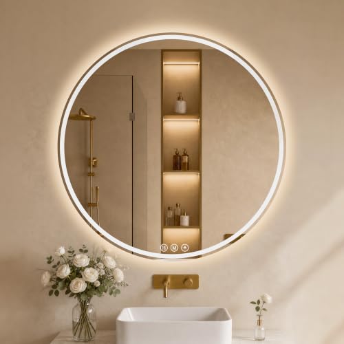 WISSMIELS LED Bathroom Mirror 28 Inch Round Bathroom Mirror with Lights Circle LED Mirror Wall Mounted Lighted Bathroom with 3 Colors Brightness Anti-Fog Dimmable Shatter-Proof