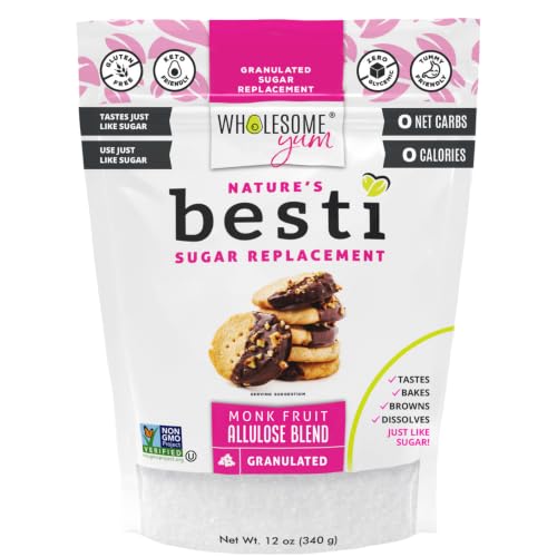 Wholesome Yum Besti Natural Sugar Substitute - Keto Granulated Monk Fruit Sweetener Blend With Allulose (No Erythritol) - Non GMO, Zero Calorie, Zero Carb, Sugar Free, No Aftertaste (12 oz)