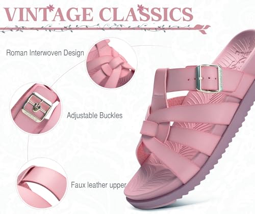 Image of KuaiLu Gladiator Sandals for Women with Comfortable Arch Support Summer Beach Walking Fisherman Slides Boho Outfits Flats Slip on Cushion Shoes Indoor Outdoor