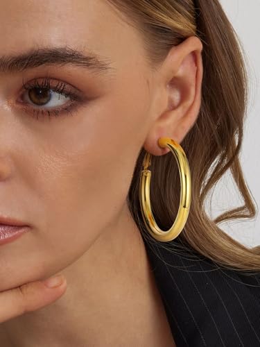 Image of Stainless Steel Chunky Hoop Earrings For Women, Minimalist and Chic, Black /Gold Plated, Round Hoops Earrings Hypoallergenic, Size: 30mm /40mm /60mm /80mm, Come with Box