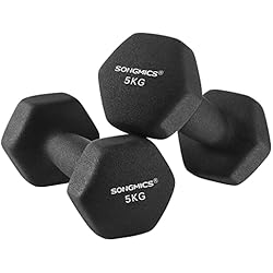 Mancuernas Negras SONGMICS Juego de 2 Mancuernas, 2 x 5 kg, Pesas de Mano de Vinilo, Agarre Antideslizante, Ejercicios de fitness, Negro SYL60BK