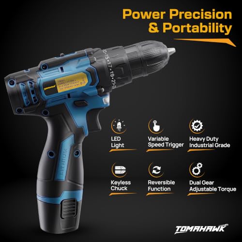 Image of Tomahawk T8000 12V Cordless Drill Machine & Screwdriver for Home | 10mm Keyless Chuck | 2-Speed 350 /1350 RPM | 28 Nm, 25+1 Clutch | 1.5Ah Battery + Charger | LED Light