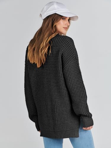 Anrabess Womens Oversized Sweater Long Sleeve Loose V Neck Button Jumper Casual Waffle Side Slit Knit Pullover 2024 Clothes Black Small thumb #2
