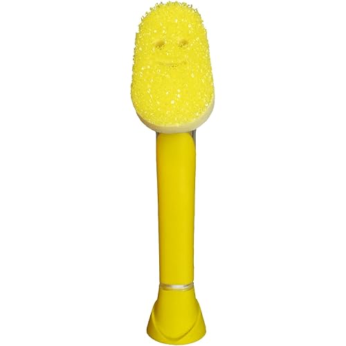 Scrub Daddy Dish Wand, Soap Dispensing Dish Brush, Texture Changing Washing Up Sponge with Liquid Handle, Built-in Scraper & Detachable Scrubbing Head, Drip Stand, Yellow