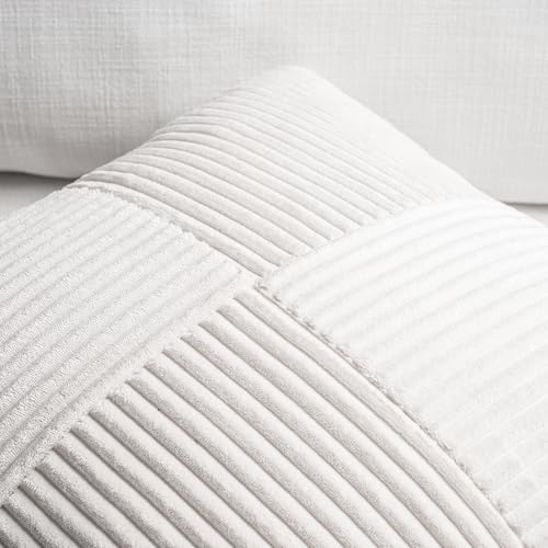 Image of Fancy Homi Set of 2 White Boho Long Lumbar Body Decorative Throw Pillow Cover 14x36 Inch for Bed Couch Bedroom Bench, Soft Patchwork Corduroy Textured Pillow Case, Rustic Farmhouse Room Decor