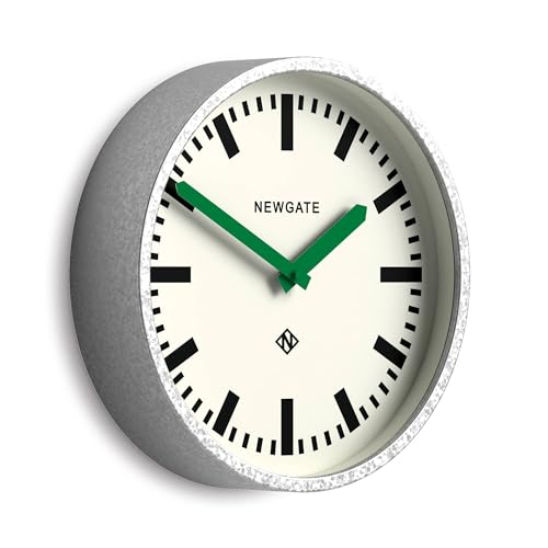 NEWGATE® Luggage wall Clock | Modern Retro Metal Station Clock | 30cm | Deep galvanised Metal case with Green Hands | Contemporary Vintage Style for Kitchen, Living Room or Office