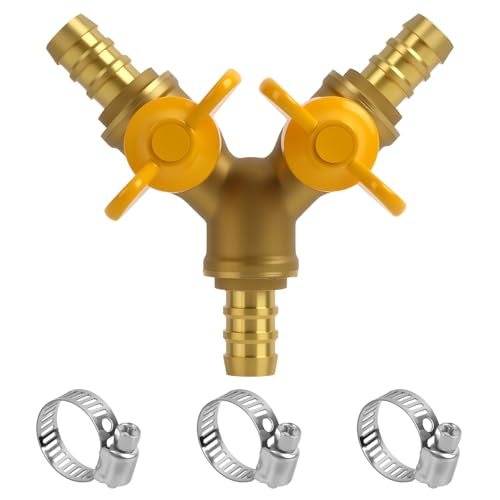 Conector de Manguera de Latón de 2 Vías con Válvula de Bola, Incluye 2 Abrazaderas de Acero Inoxidable, Resistente a la Corrosión y Altas Temperaturas,para Manguera de ID 10 mm-11 mm