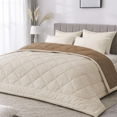 Image of King Size Comforter for Double Bed, 220 GSM Soft Microfiber AC Comforter, All Season Lightweight Reversible Blanket Bed Quilt, Premium Bedding, 90 x 100 Inch, Cream-Light Brown