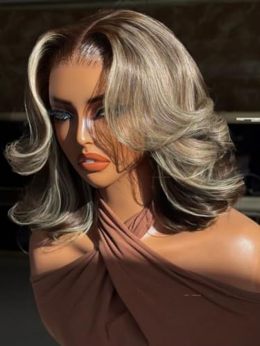 KLAIYI Bye Bye Slip™ Highlight Blonde Bob Loose Wave Pre Everything 13x4HD Lace Front Wigs Human Hair Ombre Brown Layered Blowout Glueless Drawstring Pre Plucked Bleached Knots Face Framing Wig 12Inch