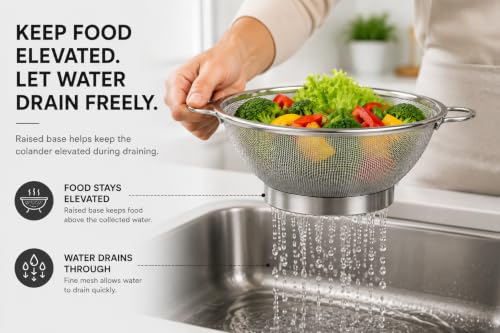 Image of Stainless Steel Mesh Colander 16 cm with Handles | Fine Strainer Basket for Herbs, Berries, Soup & Baby Food | Small Food Drainer | Rust Resistant Kitchen Sieve Bowl | Dishwasher Safe
