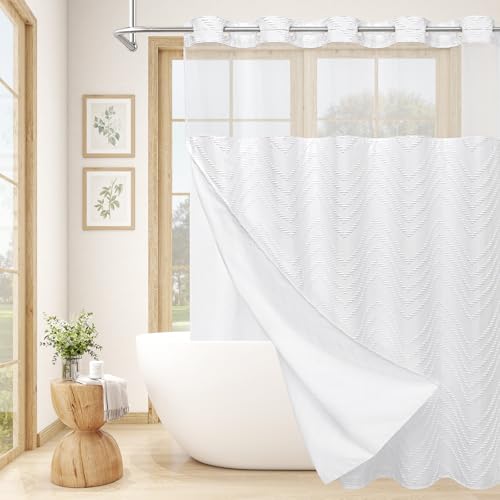 Craidlela White Long Boho Shower Curtain with Snap-in Liner 72 x 80, No Hooks Needed Tufted Striped Textured Chic Shower Curtain for Bathroom Decor with See Through Mesh Top Window
