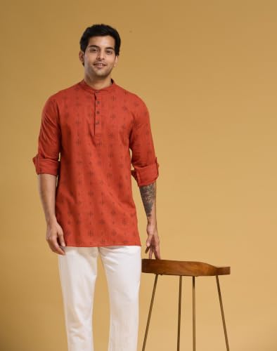 Image of Fabnu by Fabindia Men's Cotton Printed Relaxed Fit Straight Short Kurta