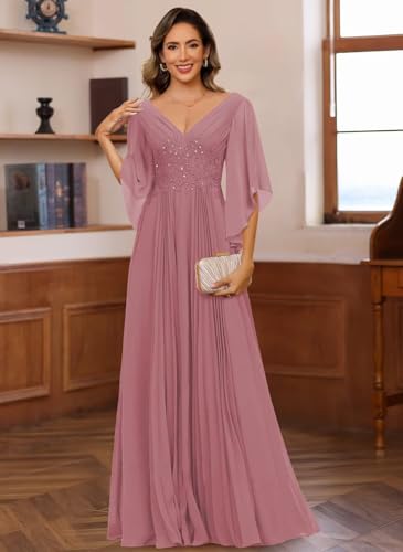 Women's Chiffon Mother of The Bride Dresses 3/4 Sleeve V Neck Lace Appliques Formal Dress VS2514