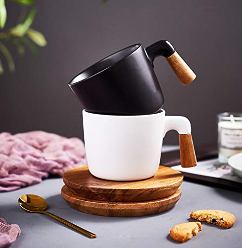 Coffee Mug Tea Cup Ceramic with Wood Saucers 10.5 Oz Matte Latte Mug Cups Birthday Gift Ideas Novelty Gift for Men Women Festival Engagement Perfect for home or the office (White) - Thumbnail 2