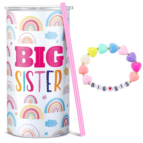 Image of Maxcheck 2 Pcs New Big Sister Gift for Toddler 12 oz Pink Big Sister Cup Stainless Steel Tumbler with Leak Proof Lid and Straw Baby Mug Bracelet Announcement Jewelry for Little Girl Toddler