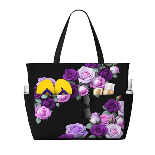 CHAOS MONKEY Women Large Beach Bag Elegant Purple Rose Print Sandproof Waterproof Travel Weekender Foldable Tote Bag for Pool Vacation Gym
